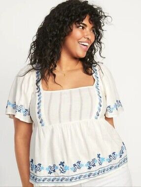 Old Navy Embroidered Flutter Sleeve Square Neck Peplum Tie Back Top Cream Blue L